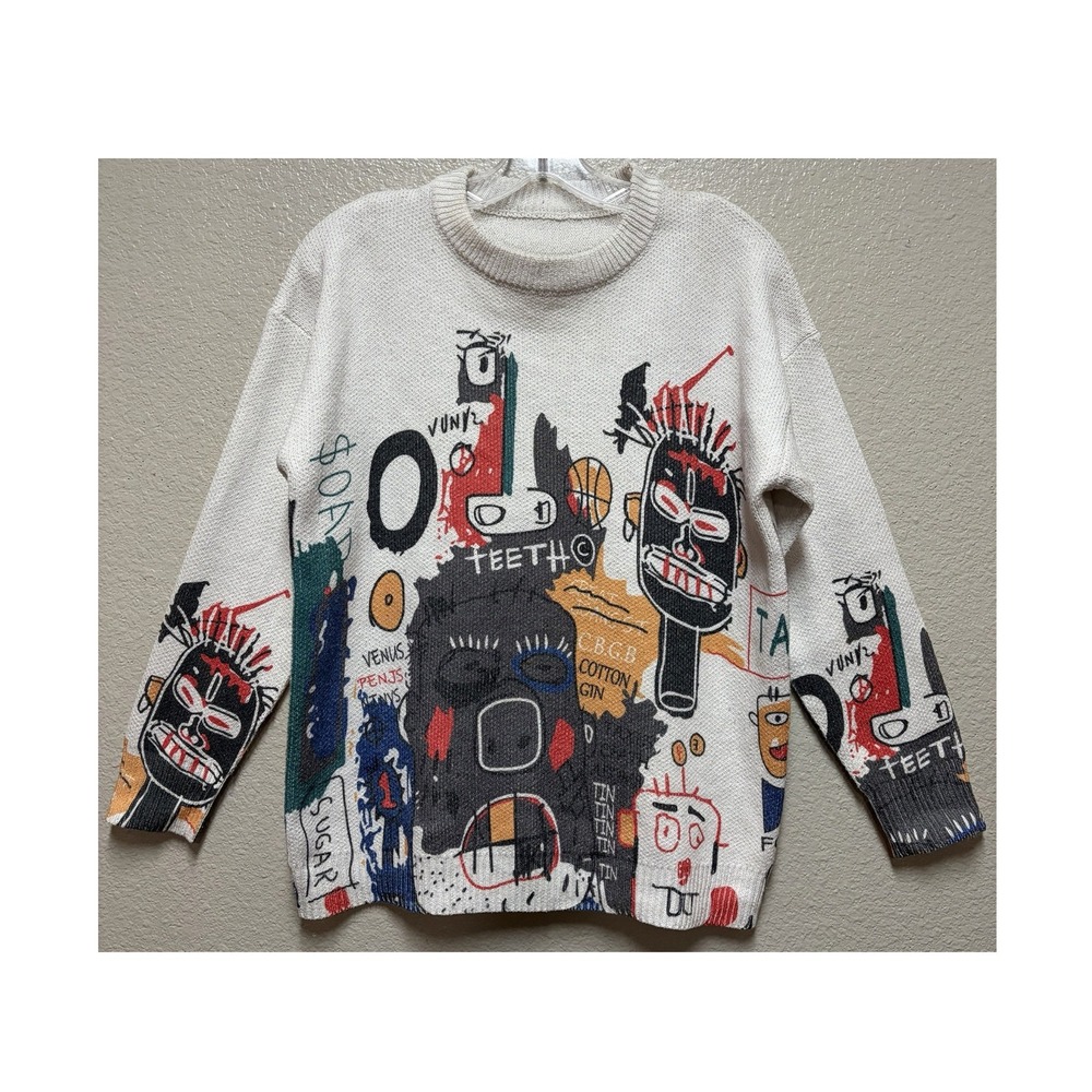 Women's L Cotton Blend Knit Crew Neck Long Sleeve Graphic Art Pullover
